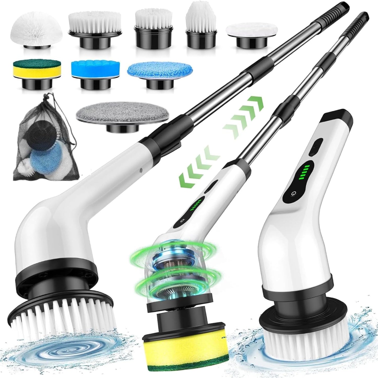 9-in-1 Cordless Electric Spin Scrubber Brush Heads, Adjustable Handle & Dual Speed | Bathroom, Floor, Tile & Car Cleaning Brush