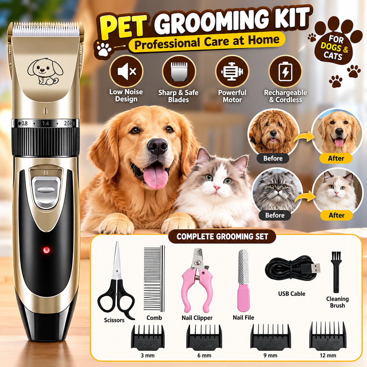 Cat Trimmer, Dog Trimer for Labrador, Shih Tzu, German Shepherd, and Golden Retriever, Pet Grooming Kit